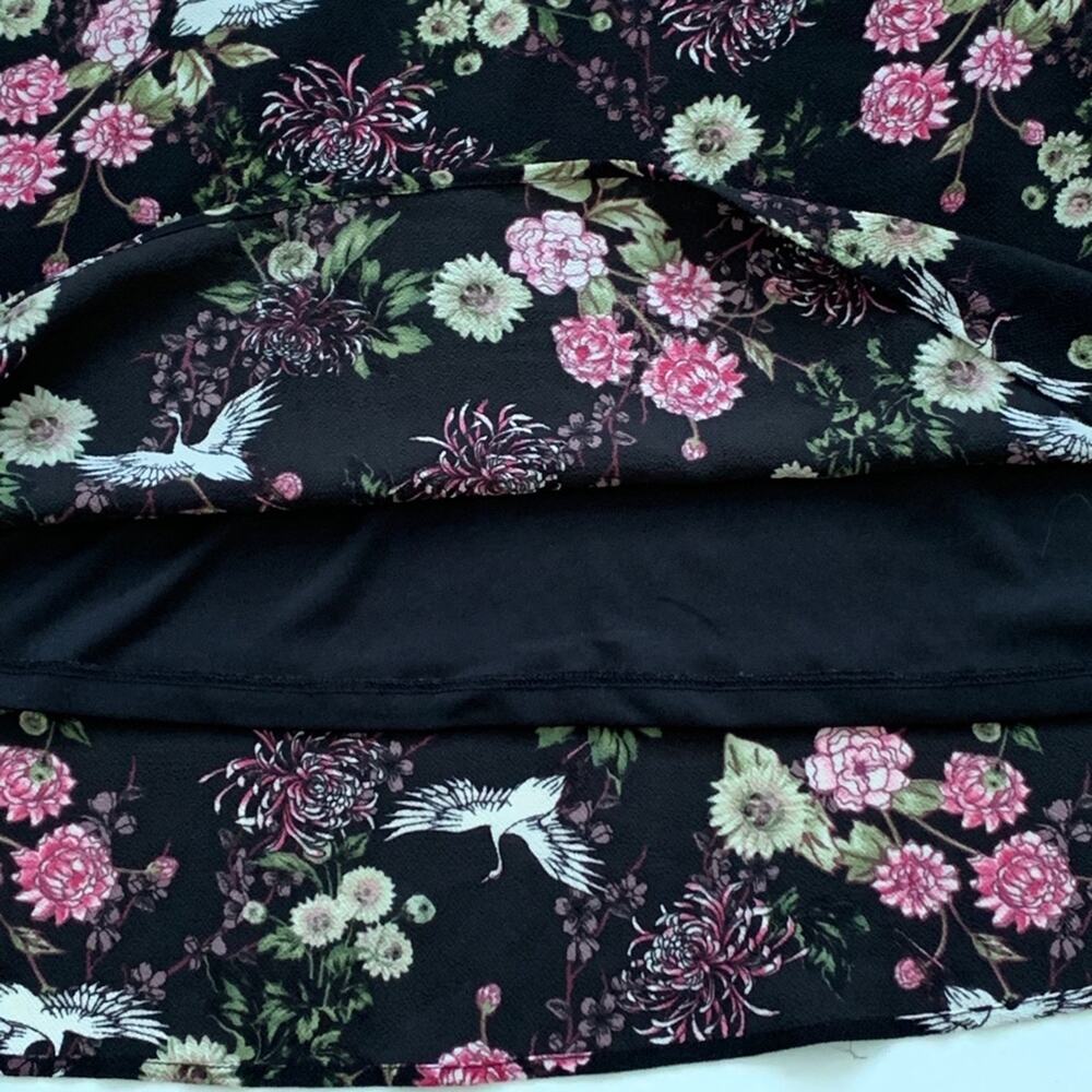 Kensie Dress Black Pink Floral Crane Motif Long Sleeve Cold Shoulder Large - Picture 13 of 15